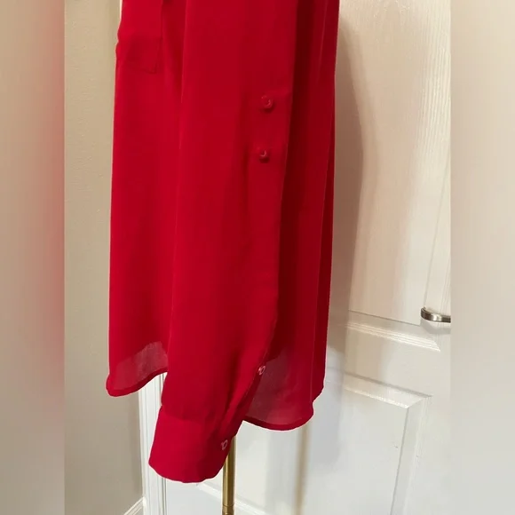 New York & Company Red Button Down Shirt Notched Collar - Picture 3 of 8